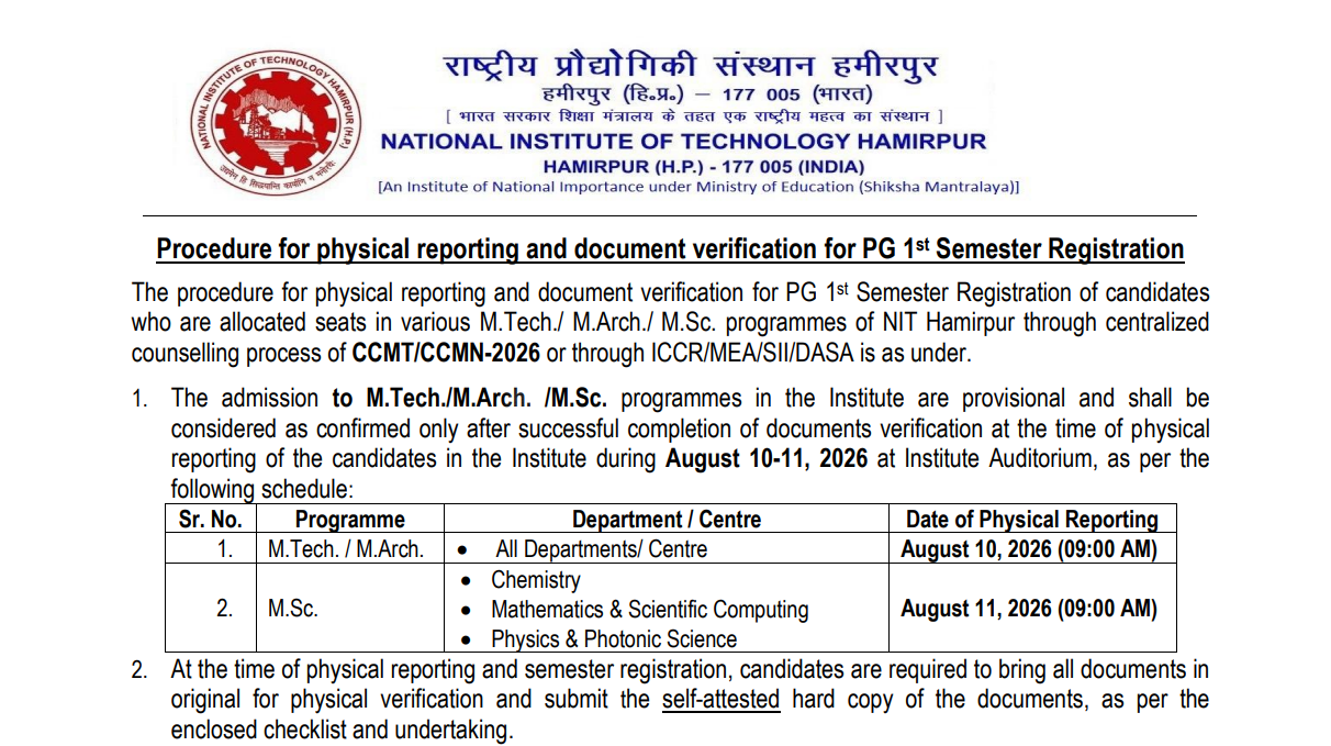 NIT Hamirpur PG Reporting 2026 Key Details