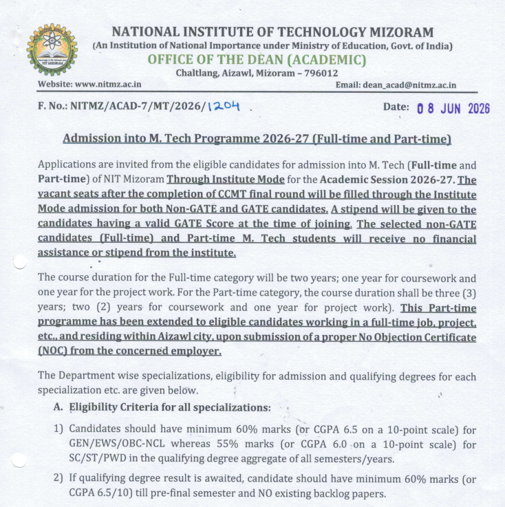 NIT Mizoram M.Tech 2026