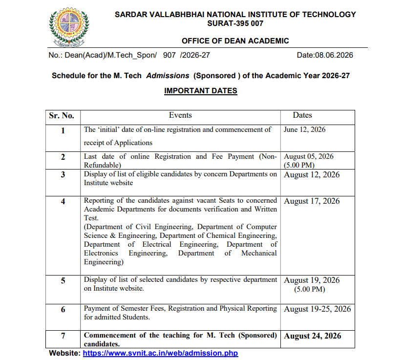NIT Surat MTech Sponsored Quota Admission 2026
