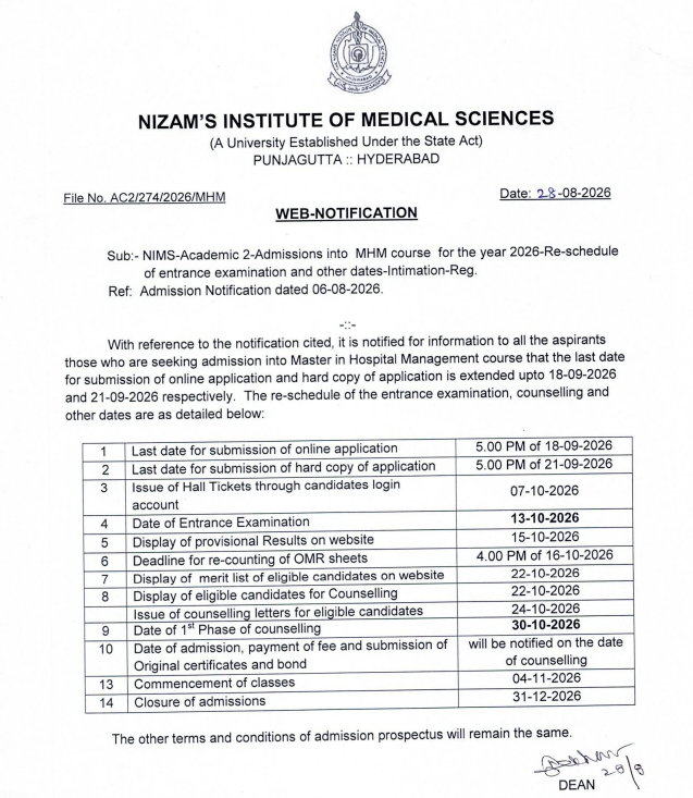 NIMS Hyderabad B.Sc AHS 2026 Important Dates