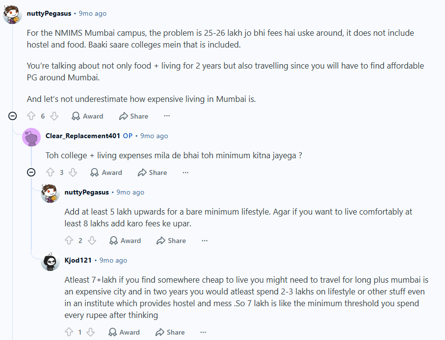 NMIMS MBA Fees discussion on Reddit