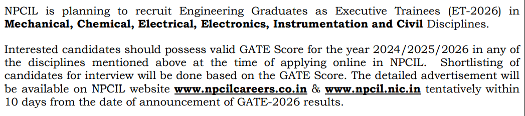 NPCIL Recruitment through GATE 2026