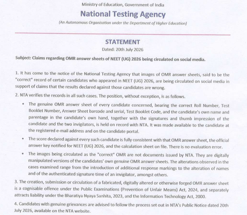 NTA Denies Viral NEET UG 2026 OMR Answer Sheet Claims on Social Media