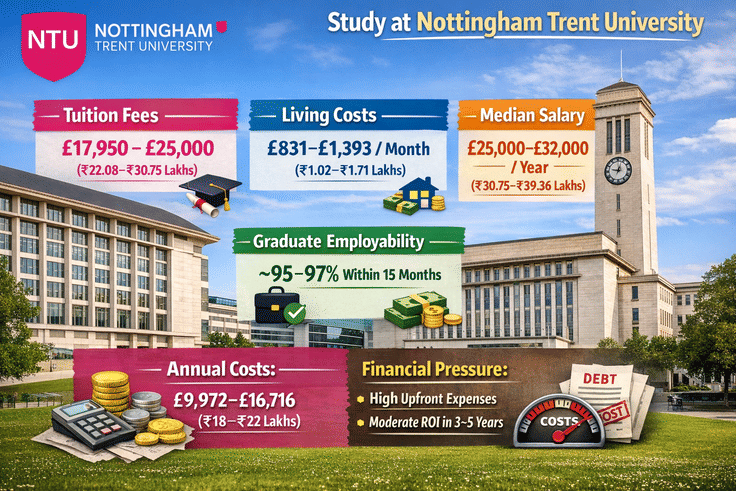 Landscape infographic showing Nottingham Trent University tuition fees (£17,950–£25,000), living costs (£831–£1,393 per month), graduate employability (~95–97% within 15 months), median salary (£25,000–£32,000), and annual costs (£9,972–£16,716). Includes icons for education, housing, salary, and financial pressure, with the NTU campus and clock tower in the background.