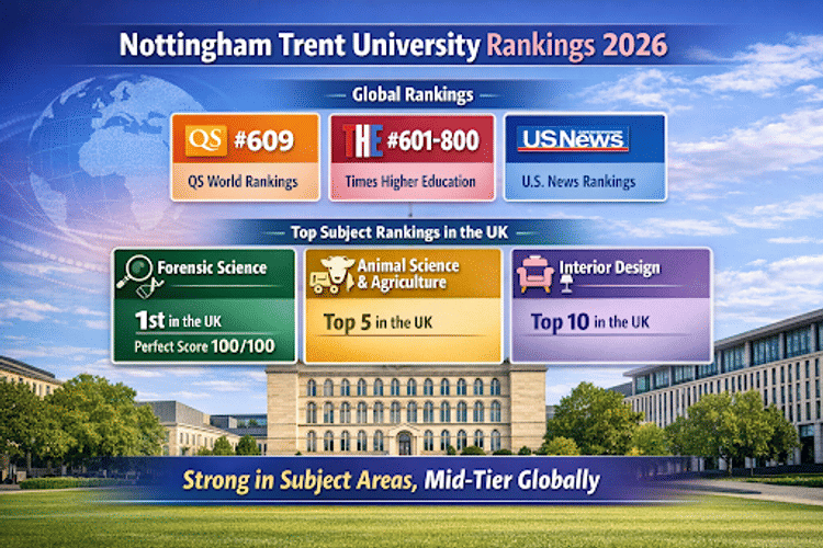 Infographic showing Nottingham Trent University rankings for 2026: global rankings of QS #609, THE #601&ndash;800, and U.S. News #525, along with top UK subject highlights including Forensic Science (1st in UK, perfect score), Animal Science & Agriculture (top 5), and Interior Design (top 10), emphasizing strong subject performance but mid-tier global standing.Select 46 more words to run Humanizer.
