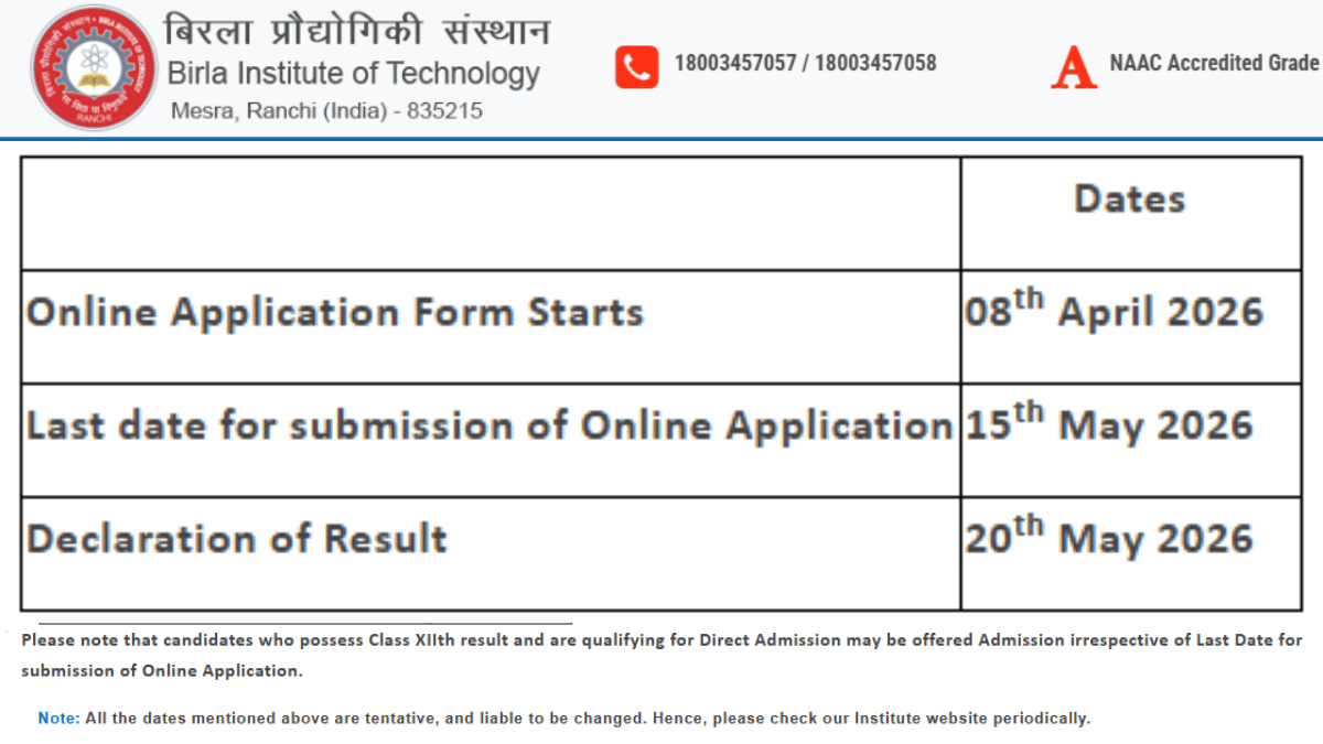 Important Dates for BIT Mesra Admission 2026: