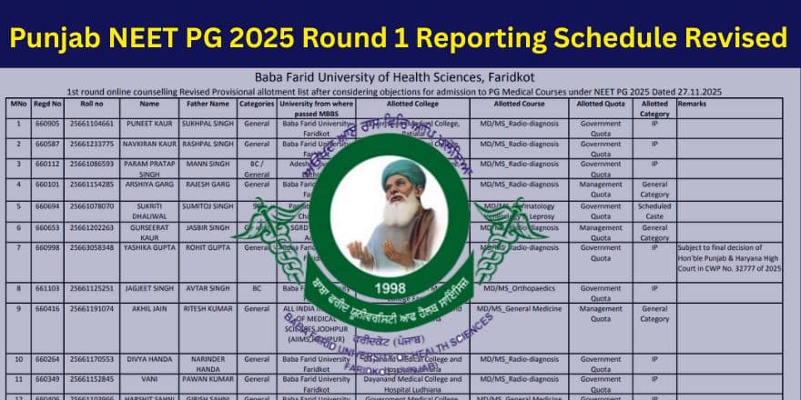 Punjab NEET PG 2025 Round 1 Reporting Schedule Revised; Check Details Here