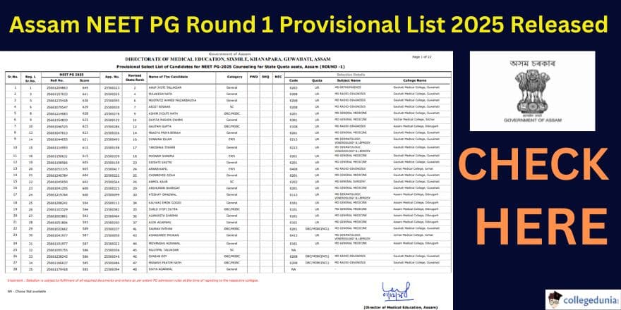 Assam NEET PG Round 1 Provisional List 2025 Released 