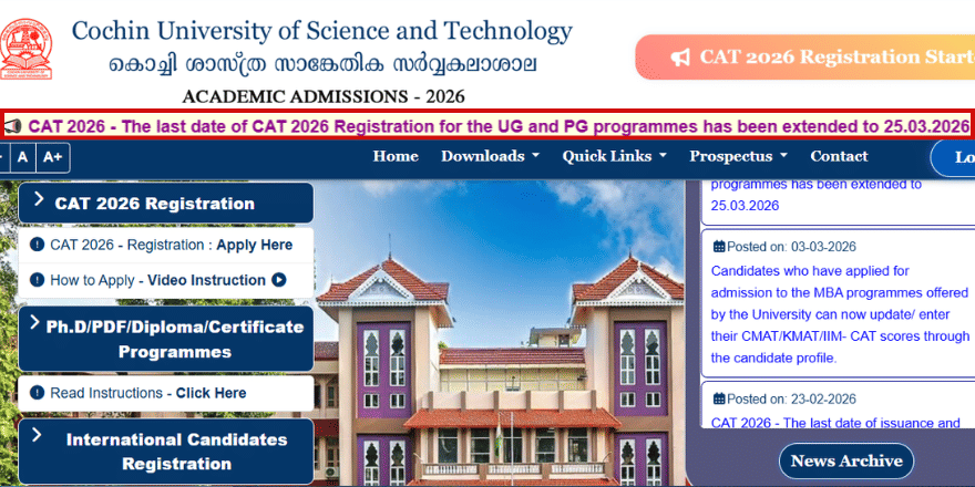 CUSAT CAT 2026 @cusat.ac.in