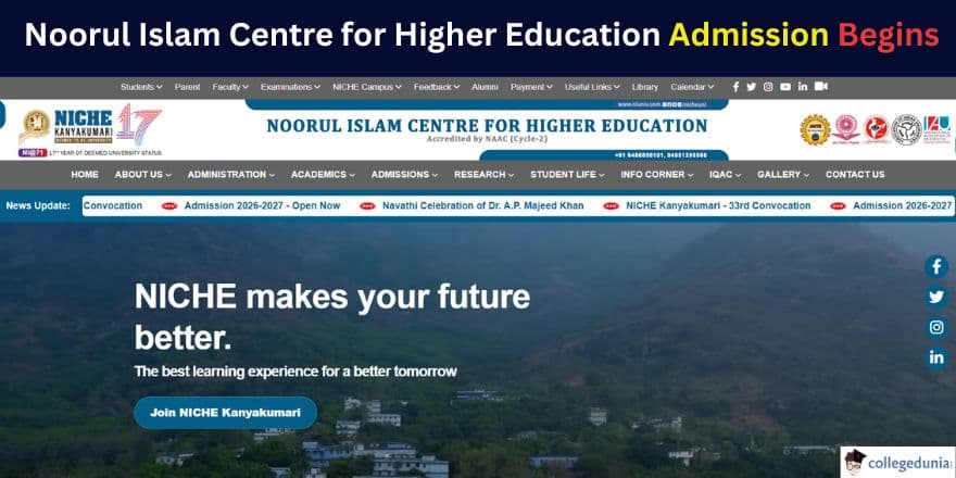 Noorul Islam Centre for Higher Education Admission 2026-27 Begins
