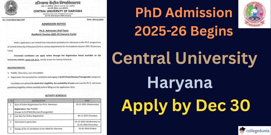 Central University Haryana PhD Admission 2025-26 Begins,