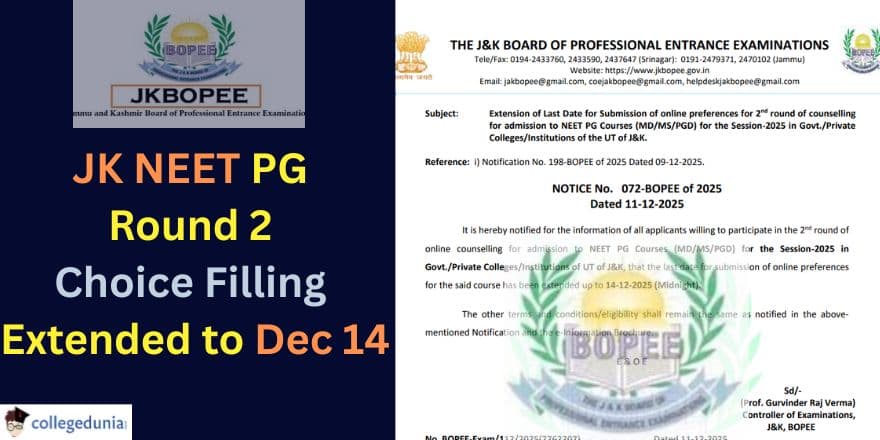 JK NEET PG Round 2 Choice Filling Extended to Dec 14