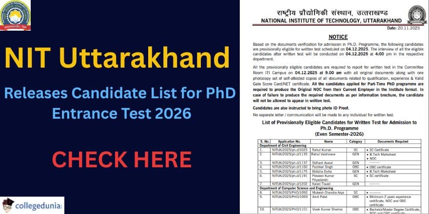NIT Uttarakhand Releases Candidate List for PhD Entrance Test 2026