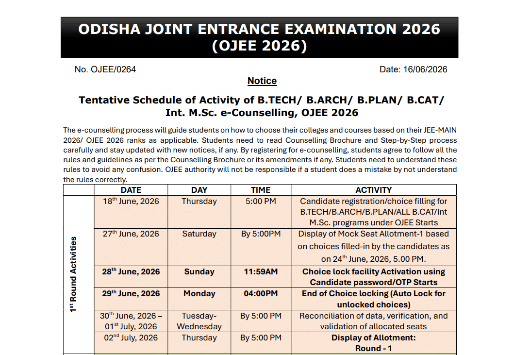 OJEE Round 1 Seat Allotment 2026 Out Online Reporting by July 7