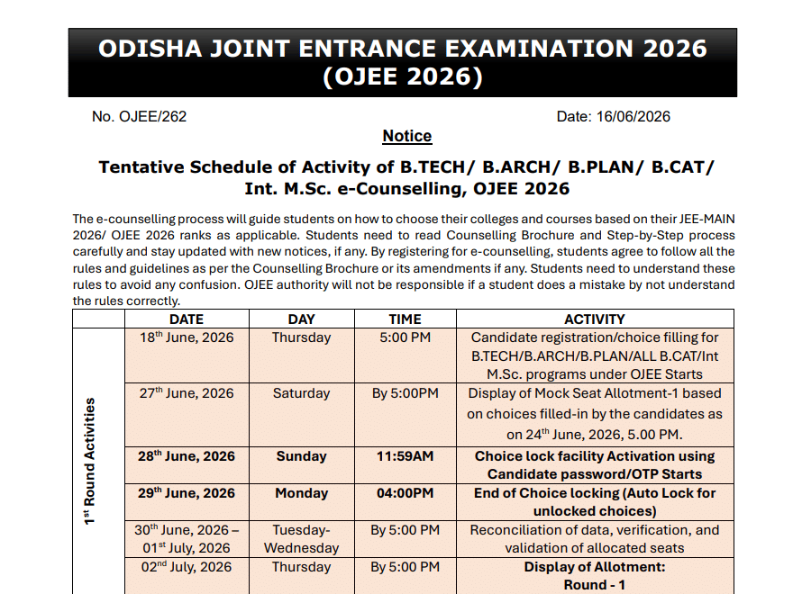 OJEE 2026 UG Counselling Schedule Released for BTech BArch BPlan and BCAT
