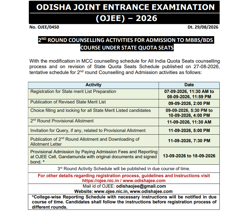 Odisha NEET UG Counselling 2026 Round 2 Important Dates