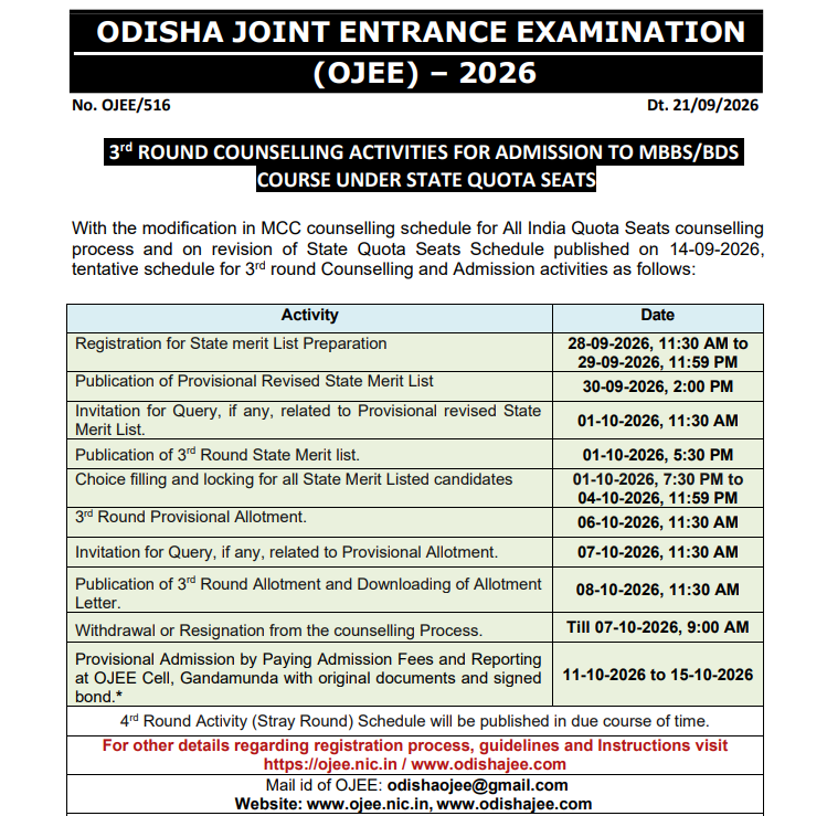 Odisha NEET UG Round 3 Counselling 2026 Important Dates