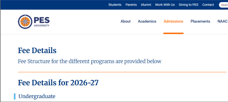 PES University Fee Structure on the Official Website