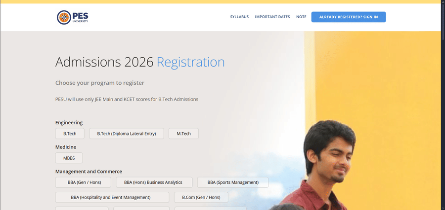 PES University Admission Registration on the Official Website