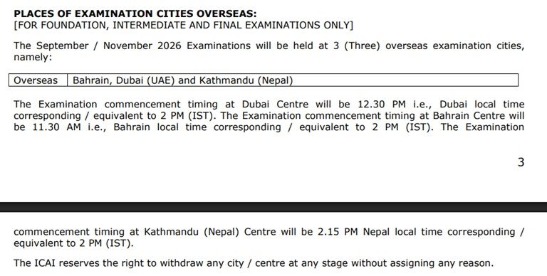 ICAI Overseas Exam Locations September 