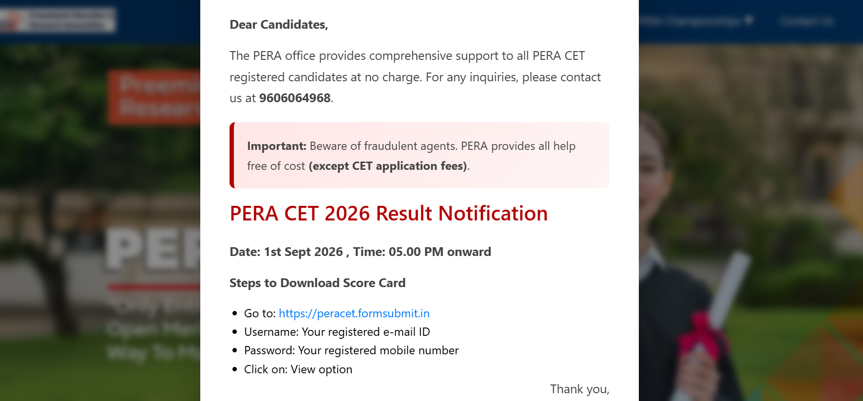 PERA CET 2026 Result Key Details
