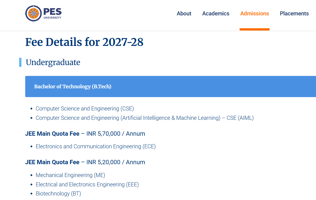 PES University 2027-28 Undergraduate Fees