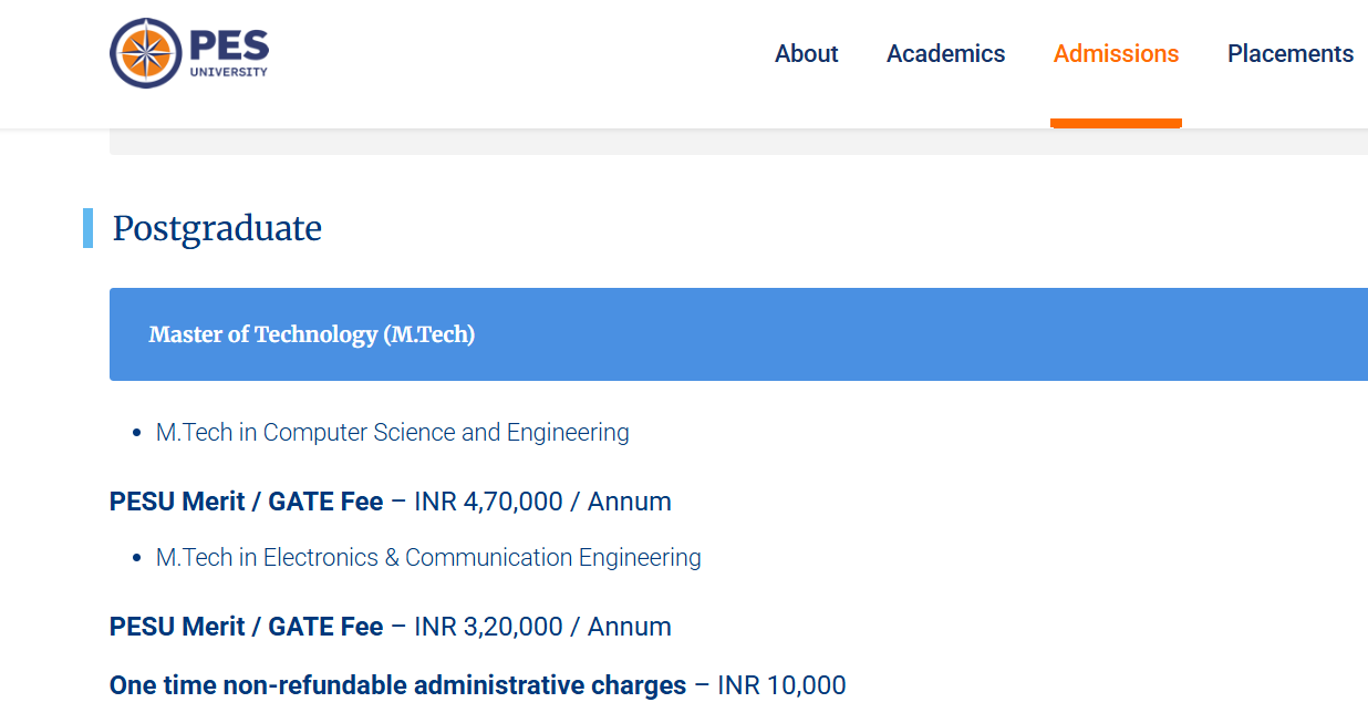 PES University 2027-28 Postgraduate Fees