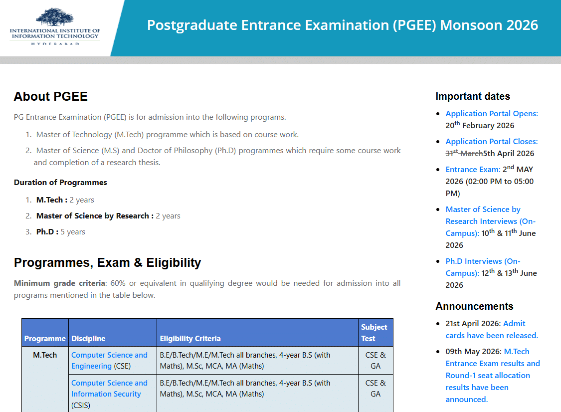 IIIT Hyderabad UGEE and PGEE 2026 Results Out