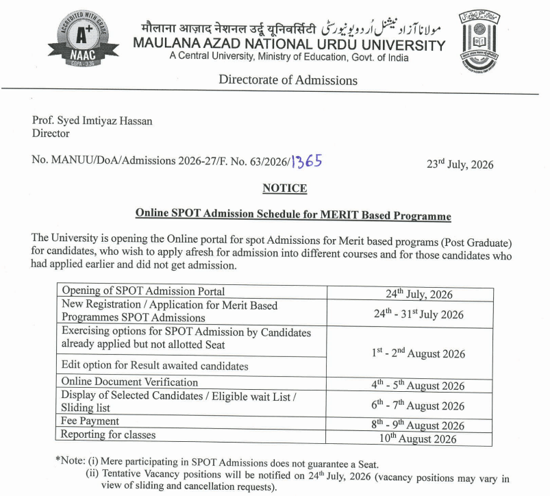 MANUU Spot Admission 2026-27 Important Dates