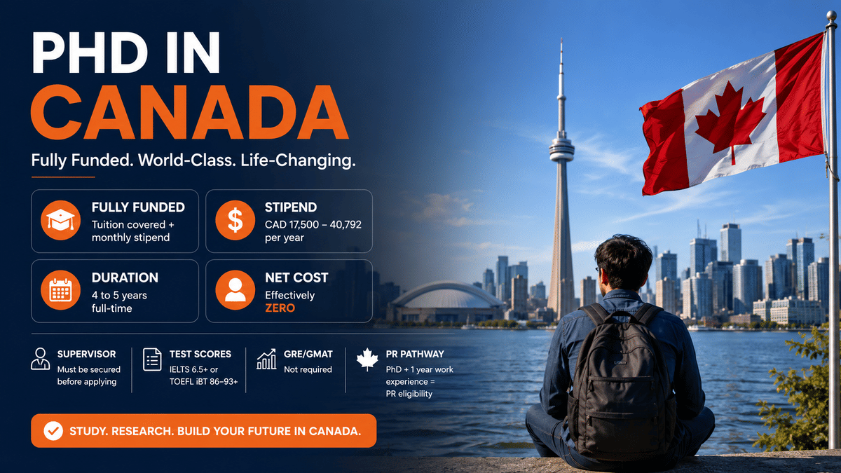 A clean infographic highlighting a fully funded PhD in Canada, featuring a student overlooking the Toronto skyline with the Canadian flag in the background. The design uses a spacious layout with key facts on funding, stipend, duration, admission requirements, and PR pathway presented in simple icon-based cards on the left, leaving the right side dominated by the scenic Canadian cityscape.
