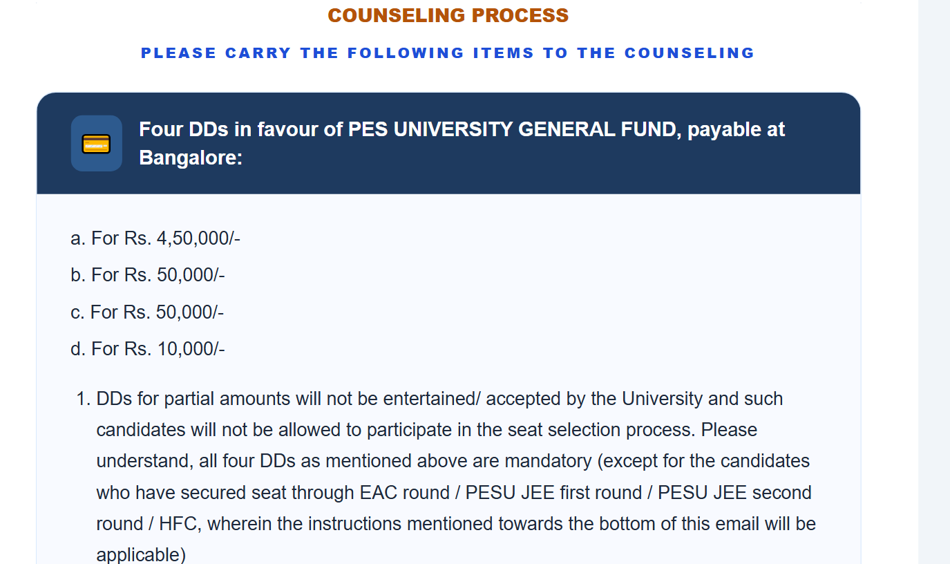 PES University KCET Demand Draft Requirement by Branch