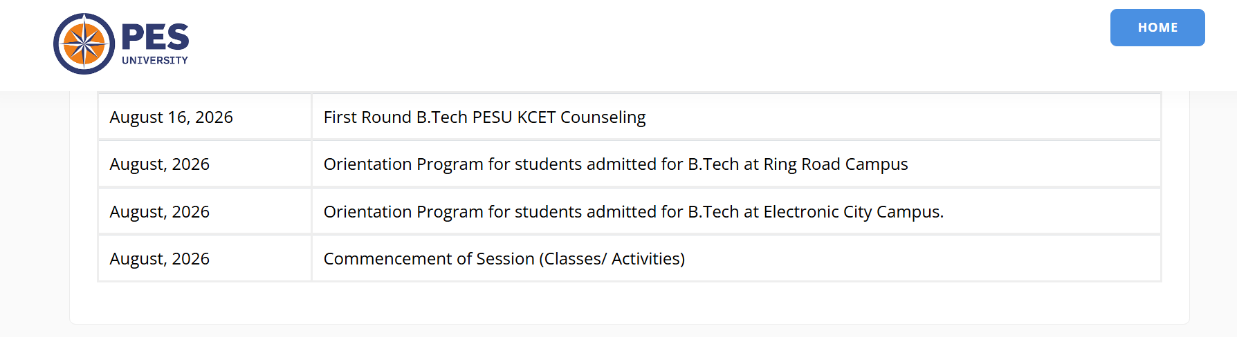 PES University KCET Counselling 2026 Important Dates
