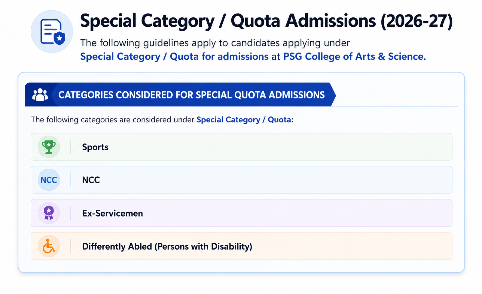 PSGCAS Special Category Quota Admissions (2026-27)