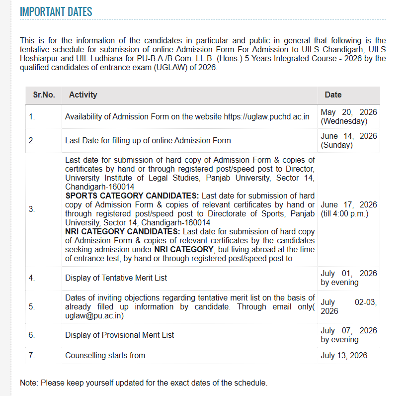 PU UG Law Admission 2026 Form Out