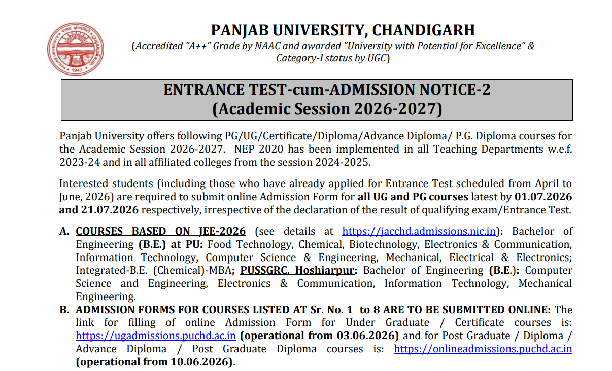 Panjab University 2026-27 Admission