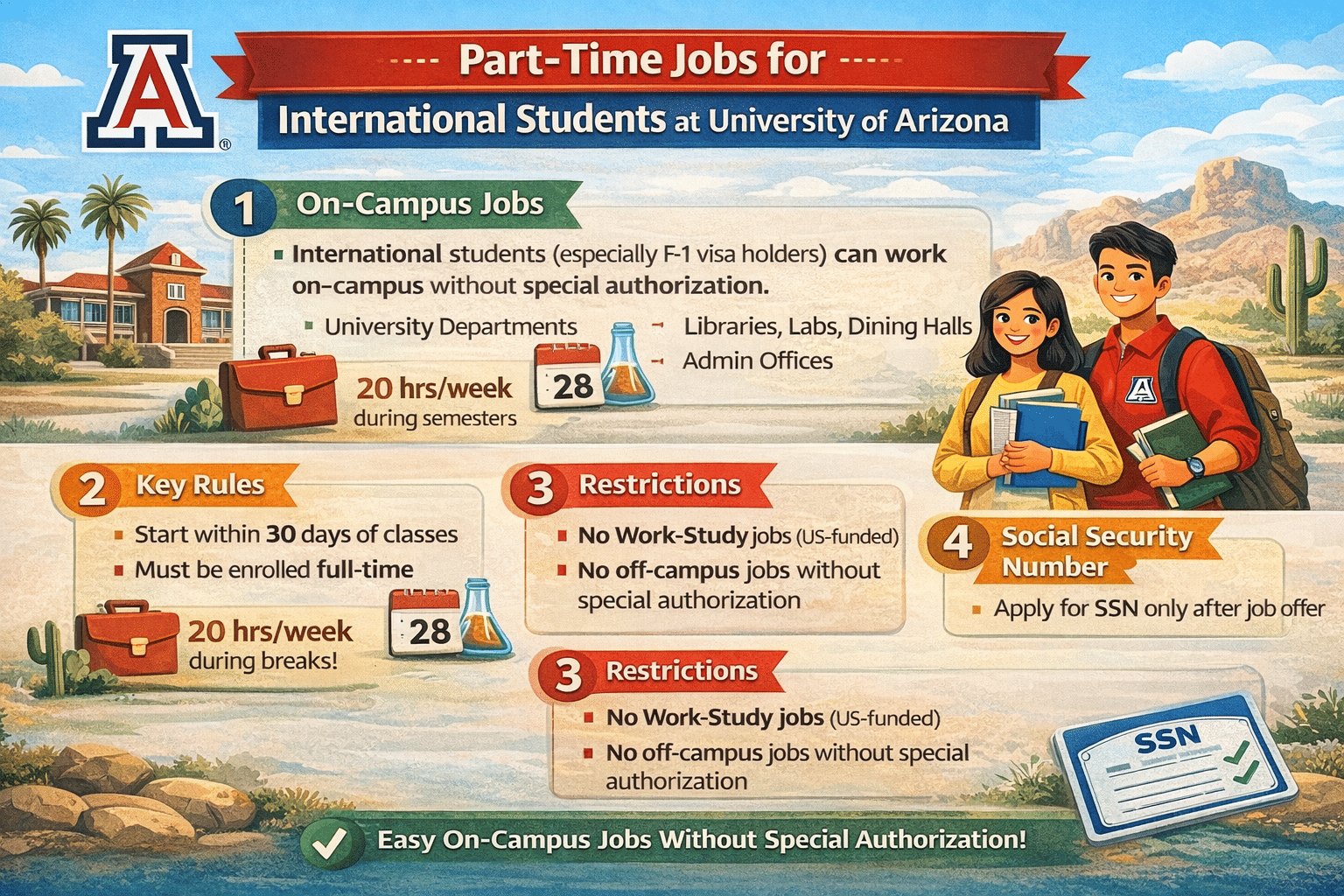 1. On-Campus Jobs (Main Option) International students (especially F-1 visa holders) can work on-campus without special authorization. Jobs are typically within: University departments Libraries, labs, dining services Administrative offices Work must be on campus or at an affiliated location. ⏰ 2. Work Hours Allowed Up to 20 hours/week during fall & spring semesters During breaks (summer/winter/spring): Can work full-time But university policy limits to 35 hours/week 📅 3. When You Can Start You cannot start earlier than 30 days before classes begin Work eligibility ends with your I-20 or DS-2019 validity 🎓 4. Eligibility Requirements To work on campus, you must: Be enrolled full-time (minimum 6 credits in fall/spring) Maintain valid F-1 or J-1 visa status Meet minimum credit requirements for each semester ❗ 5. Important Restrictions Work-study jobs are NOT available for international students (they are federally funded) Off-campus work is NOT allowed without special authorization (like CPT/OPT) Working without permission can violate visa status 💼 6. Other Work Options (With Authorization) From the official employment page: CPT (Curricular Practical Training) &ndash; internships during study OPT (Optional Practical Training) &ndash; work after graduation STEM OPT Extension for eligible degrees 🪪 7. Social Security Number (SSN) You can apply for an SSN only after getting a job offer (on-campus or authorized off-campus)... create a catchy infographic image for this infotmation (horizonatal)