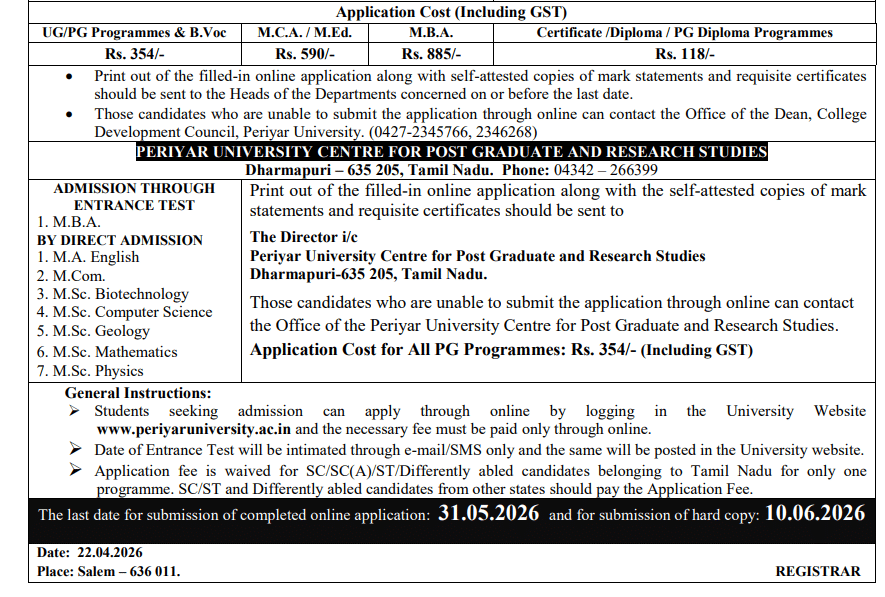 Periyar University PG Admission 2026 Begins; Apply by May 31 @periyaruniversity.ac.in