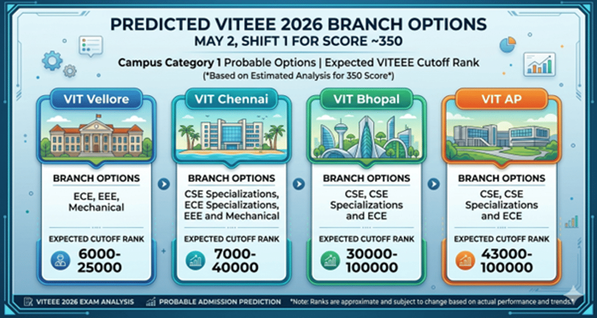 Expected VITEEE Marks vs Rank for May 2 Shift 1 for Score 350