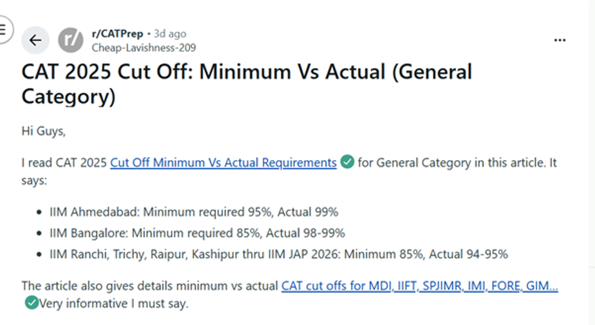 Minimum vs Actual CAT 2025 Cutoff for General Category