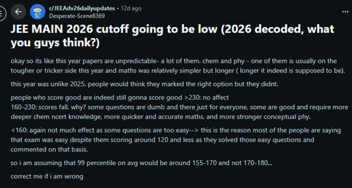 General Cut off for JEE Mains 2026