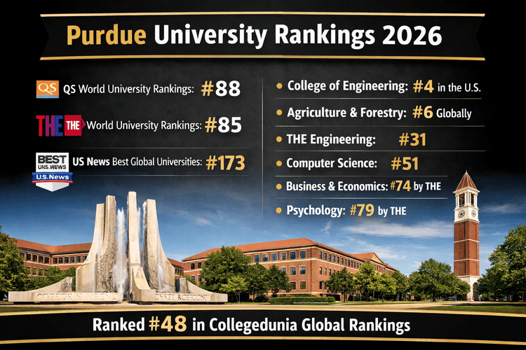 infographic showing Purdue University Rankings 2026 in a black-and-gold theme. It lists global rankings: QS #88, THE #85, and US News #173. On the right, key subject rankings are shown&mdash;Engineering #4 in the U.S., Agriculture & Forestry #6 globally, THE Engineering #31, Computer Science #51, Business & Economics #74 (THE), and Psychology #79 (THE). The background features a clear campus scene with Purdue&rsquo;s fountain and a clock tower, and a footer notes #48 in Collegedunia global rankings.