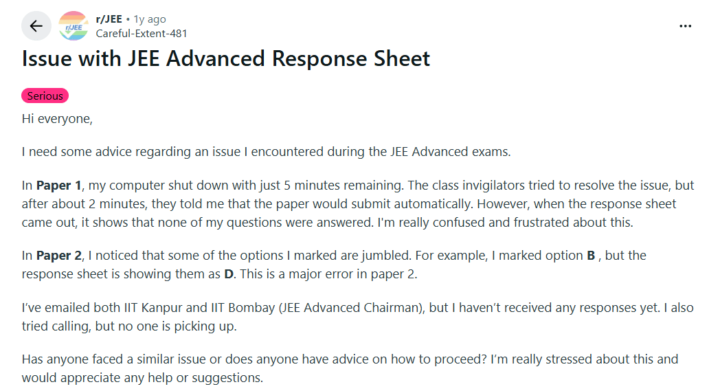JEE Advanced Response Sheet Reddit Discussion