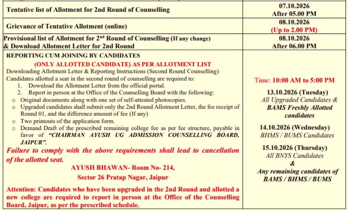 Rajasthan AYUSH UG Round 2 Important Dates