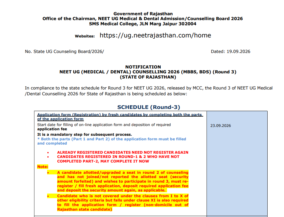 Rajasthan NEET UG Round 3 Counselling 2026