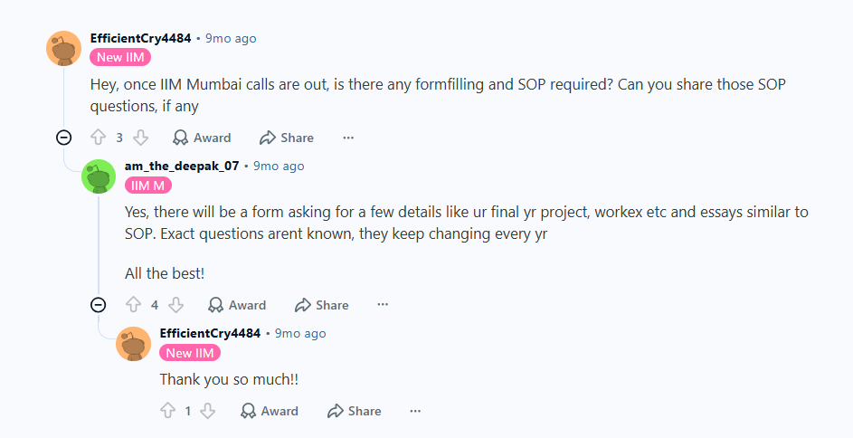 Reddit discussion on IIM Mumbai Admission