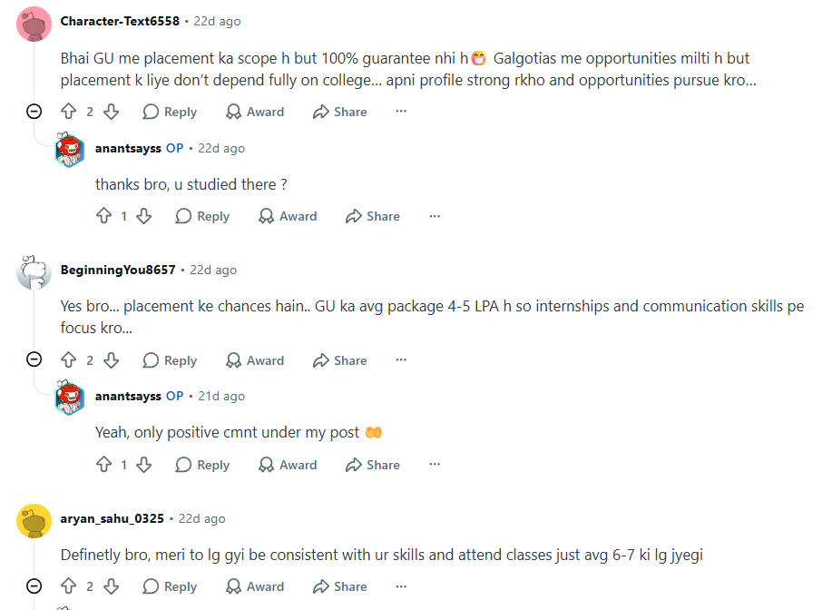 Reddit Discussion on GU's Placement