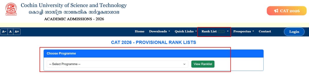 CUSAT CAT 2026 rank List
