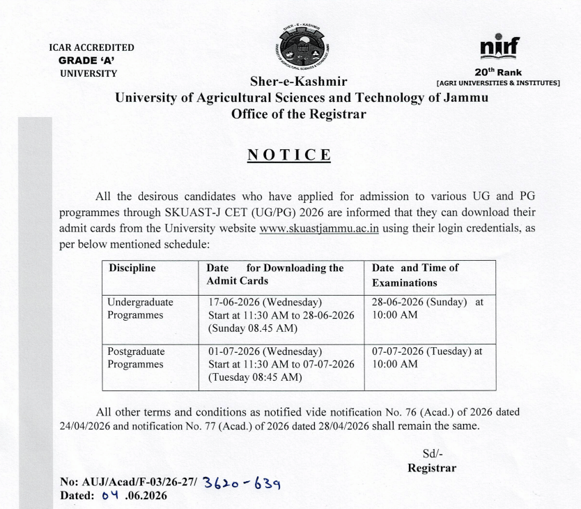 SKUAST Jammu UG CET 2026 Admit Card Released