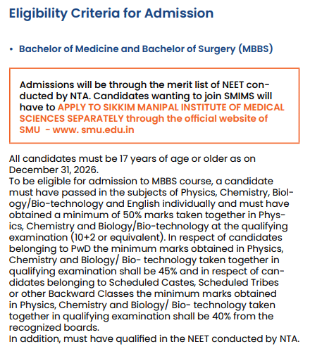 SMIMS MBBS Eligibility