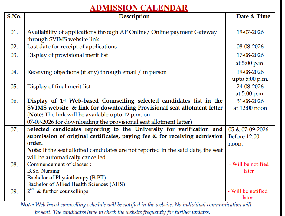 SVIMS UG Admission 2026-27 Important Dates
